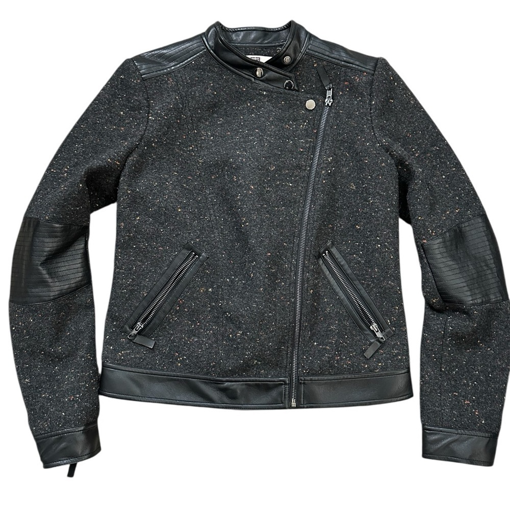 Etcetera Tweed black wool leather Zip Moto Jacket Blazer 2 Small